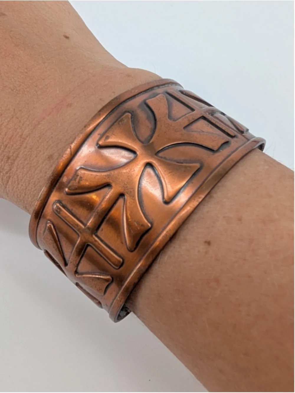Copper Cuff Bracelet Wide Black Geometric Embossed Boho Statement 38g